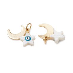 ステンレススチールと天然貝殻のペンダント  月と星のチャーム  ゴールドカラー  ホワイト  13~16x11x1~4mm  穴：4mm&nbsp;PALLOY-JF05891
