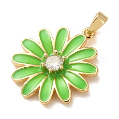 真鍮マイクロパヴェクリアキュービックジルコニアペンダント  エナメル  小さなデイジーの花のチャーム  ゴールドカラー  グリーン  22x20x3.5mm  穴：4.5x2.5mm&nbsp;KK-E803-02G-C