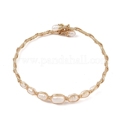 Natural Cultured Freshwater Pearl Rice Graduated Beaded Wire Wrapped Brass Cuff Bangles for Women&nbsp;BJEW-JB14302