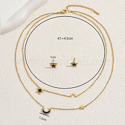 Stainless Steel Cubic Zirconia Star Moon Stud Earrings & Double Layer Necklaces Sets&nbsp;MH5763