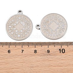 304ステンレスペンダント  フラットラウンド、花柄チャーム付き  ステンレス鋼色  25x21.5x2mm  穴：2mm&nbsp;SA-CBA404E-01A-07
