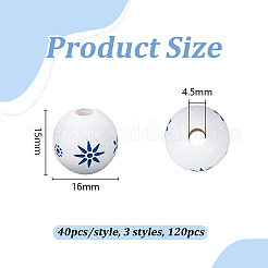 120個 3種類のプリント柄の青と白の磁器製木製ビーズ  ラウンド  混合図形  16x15mm  穴：4.5mm  40個/スタイル&nbsp;WOOD-OC0004-16