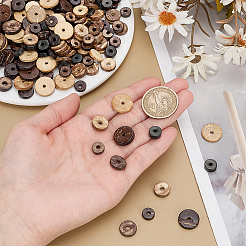 ココナッツウッドビーズ 6種類 300個  フラットラウンド  ミックスカラー  9~15mm  50個/スタイル&nbsp;WOOD-PH0003-97