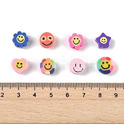 112個8スタイル手作りポリマークレイビーズ  フラットラウンド/ハート/笑顔の花  ミックスカラー  8~10.5x9~10x4~4.5mm  穴：1.2~1.8mm  14個/スタイル&nbsp;CLAY-FP0001-09