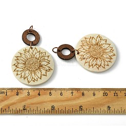 フラットラウンド＆リングポプラ木彫りビッグペンダント  鉄製丸カン付き  花  58.5x39.5x5mm  穴：5mm&nbsp;WOOD-G019-05C