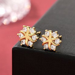 フラワー 真鍮 マイクロパヴェ クリア キュービックジルコニア スタッド イヤリング  カドミウムフリー＆鉛フリー  ラックめっき  長持ちメッキ  ゴールドカラー  8x9mm&nbsp;EJEW-D318-10G
