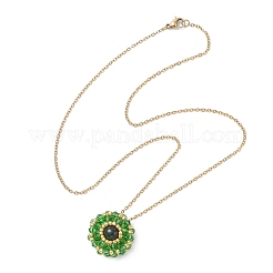 Dyed Natural Green Tiger Eye & Glass Seed Beaded Flat Round Pendant 304 Stainless Steel Cable Chain Necklaces&nbsp;NJEW-MZ00129-05