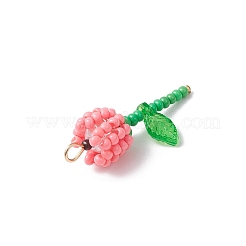 グレードA 丸型ガラスシードビーズ アクリルフラワーチャーム  304ステンレス鋼フラットヘッドピン  ピンク  28.5x13x10mm  穴：3mm&nbsp;PALLOY-MZ00690-03