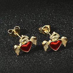 女性のための真鍮エナメル スタッド イヤリング  ハート  18KGP本金メッキ  9.5x12mm&nbsp;EJEW-A126-05D-G