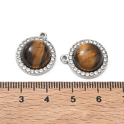 304ステンレススチールと天然タイガーアイペンダント  ラインストーン付き  半円チャーム  ステンレス鋼色  19x16.5x7.5mm  穴：1.4mm&nbsp;SA-CBA11D7-04P