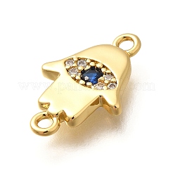 Brass Micro Pave Clear & Blue Cubic Zirconia Religion Hamsa Hand with Eye Connector Charms&nbsp;KK-Q043-10G