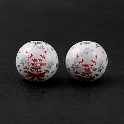 印刷された天然木のヨーロッパのビーズ  大穴ビーズ  クリスマスの葉模様の丸い  ホワイト  19mm  穴：4mm&nbsp;WOOD-C015-06C