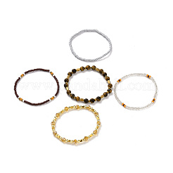 5Pcs 5 Style Natural Frosted Tiger Eye & Synthetic Hematite & Glass Sead Beads Stretch Bracelets Set&nbsp;BJEW-JB07670-01