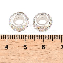 ポリマークレイラインストーンヨーロッパの大きな穴ビーズシルバーカラーメッキ真鍮コア  ロンデル  クリスタルAB  11~12x7~7.5mm  穴：5mm&nbsp;X-FPDL-R002-15