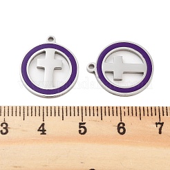 304ステンレススチールエナメルペンダント  フラットラウンド、クロスチャーム付き  ステンレス鋼色  18x15.5x1mm  穴：1.4mm&nbsp;STAS-Z078-25P