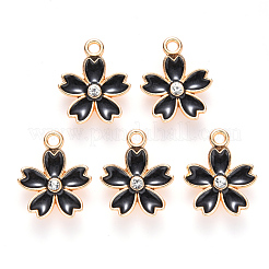 合金エナメルチャーム  クリスタルラインストーン付き  さくらの花  ライトゴールド  ブラック  17x14x3mm  穴：1.8mm&nbsp;ENAM-S121-052A