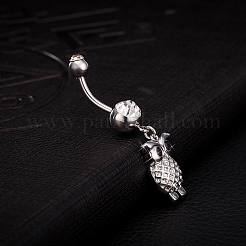 Piercing Jewelry Real Platinum Plated Brass Rhinestone Owl Navel Ring Belly Rings&nbsp;AJEW-EE0001-64