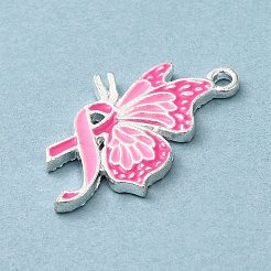 乳がんピンクアウェアネスリボンテーマ合金エナメルペンダント  銀  蝶  25.5x14x1.5mm  穴：1.5mm&nbsp;ENAM-A147-01D