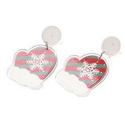 クリスマス アクリル ダングル スタッド イヤリング、304 ステンレス ピン付き、女性用  スノーフレーク  56x32mm&nbsp;EJEW-D060-01F