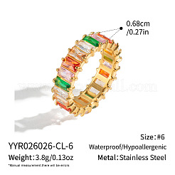 304ステンレススチールパヴェキュービックジルコニア指輪（女性用）  ゴールドカラー  カラフル  6.8mm  usサイズ6（16.5mm）&nbsp;VX2680-1