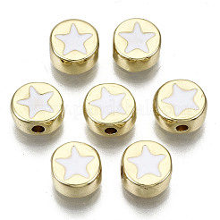 合金エナメルビーズ  カドミウムフリー＆鉛フリー  スターとフラットラウンド  ライトゴールド  ホワイト  8x4mm  穴：1.5mm&nbsp;ENAM-S122-031-RS