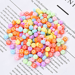 不透明なアクリルビーズ  白いハートと花と月と星のフラットラウンド  ライラック  7x4mm  穴：1.6mm  200個/セット&nbsp;MACR-YW0001-18B