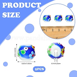 5個の手作りランプワークビーズ  鳥と花で丸い  ディープスカイブルー  16~16.5x15.5~16mm  穴：2.5~2.6mm&nbsp;LAMP-SZ0001-48A