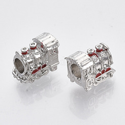 合金エナメルヨーロピアンビーズ  大穴ビーズ  列車  プラチナ  ファイヤーブリック  14x10x9mm  穴：5mm&nbsp;X-ENAM-N052-11