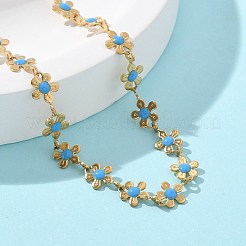 Bohemian 304 Stainless Steel Enamel Deep Sky Blue Flower Link Chain Necklaces for Women&nbsp;NJEW-Z061-01G