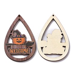 ハロウィンテーマの片面プリントアスペンウッドビッグペンダント  ティアドロップチャーム  カボチャ模様  54.5x34x2.5mm  穴：1.6mm&nbsp;WOOD-G015-05E