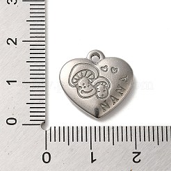 変色しない304ステンレススチールペンダント  キノコのチャームが付いたハート  ステンレス鋼色  16.5x17x3.5mm  穴：1.8mm&nbsp;STAS-R223-02G