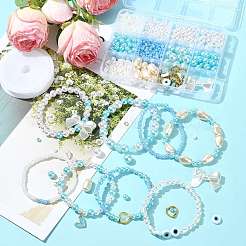 DIYファインディングキット  ABS模造真珠アクリルビーズを含む  ガラスシードビーズ  手作りのナザールボンジュウランプワークのフラットラウンドいビーズ  合金エナメルチャーム  304ステンレススチールオープン丸カン  ミックスカラー  15x10.5x8mm  穴：1.8mm  約690個/500g&nbsp;DIY-FS0010-10