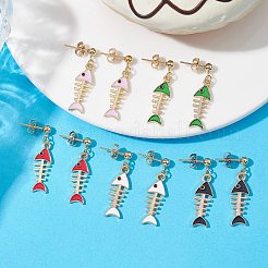 フィッシュボーン合金エナメルスタッドピアス  女性用ゴールデントーン 304 ステンレススチール ダングルイヤリング  ミックスカラー  30x8mm&nbsp;EJEW-JE05533