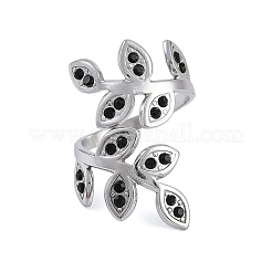 女性用304ステンレススチールオープンカフリング  ラインストーン付き  葉  ステンレス鋼色  内径：17.5mm&nbsp;RJEW-F166-12P-01