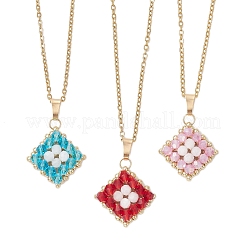 3Pcs 3 Colors Natural Rainbow Moonstone and Handmade Glass Beaded Rhombus Pendant 304 Stainless Steel Cable Chain Necklaces&nbsp;NJEW-MZ00124