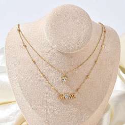 Mother's Day Double Layer 304 Stainless Steel Pave Clear Cubic Zirconia Word Mom Heart Pendant Necklaces for Women&nbsp;NJEW-L015-02G