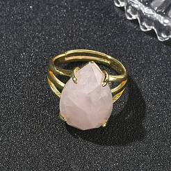 真鍮のカフオープンリング  天然なローズクォーツと  ティアドロップ  多面カット  ラックめっき  長持ちメッキ  ゴールドカラー  18mm&nbsp;RJEW-D347-04G-13
