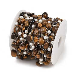 Natural Tiger Eye Nuggets & 316 Stainless Steel Handmade Link Chains&nbsp;CHS-K021-14G-07