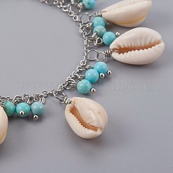 カウリーシェルペンダントブレスレット  合成ターコイズ（染色）ビーズと304ステンレススチールの金具付き  貝殻色  7-3/8インチ（18.7cm）&nbsp;BJEW-JB04094