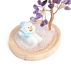天然アメジストチップ生命の木の装飾  樹脂の切り株、木製のベース、銅線、雪だるまの風水エネルギーストーン、自宅、オフィス、デスクトップ用ギフト  69~79x62~65x120mm&nbsp;DJEW-B013-03C