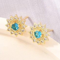 真鍮製 マイクロパヴェ キュービックジルコニア スタッドピアス 女性用  花  カドミウムフリー＆鉛フリー  長持ちメッキ  ラックめっき  18KGP本金メッキ  ミックスカラー  9mm&nbsp;KK-A305-04G