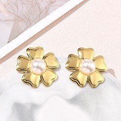 304ステンレススチールスタッドピアス  花  アブソリュートプラスチック模造パール  ゴールドカラー  25x26mm&nbsp;SA-CBA46AF-04G