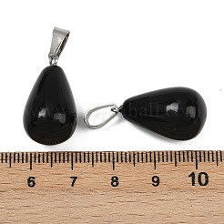 天然石オブシディアンペンダント  プラチナメッキ真鍮パーツ  ティアドロップ  23~24.5x13mm  穴：7~7.5x4mm&nbsp;G-S364-072P-03