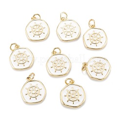 真鍮製エナメルペンダント  丸カン付き  カドミウムフリー＆鉛フリー  長持ちメッキ  舵付きのフラットラウンド  ホワイト  18KGP本金メッキ  17x14.5x2.5mm  穴：3.5mm&nbsp;KK-A155-07G