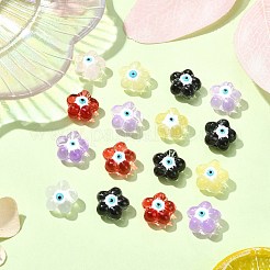 30個6色透明ガラスビーズ  エナメル  ナザールボンジュウ付き花  ミックスカラー  14x15x8mm  穴：1mm  5個/カラー&nbsp;GLAA-CJ0002-62