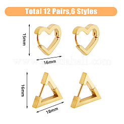 女性用ステンレススチールフープピアス12個、6スタイル  三角とハート  ミックスカラー  15~16x16~18x3mm  2個/スタイル&nbsp;EJEW-FI0002-08