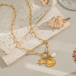 Stainless Steel Shell Shape Starfish Imitaiton Pearl Pendant Necklaces for Women&nbsp;QE7881