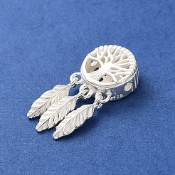 925スターリングシルバーペンダント  丸カン付きの羽根チャームが付いた生命の木  銀  22.5x10x4.5mm  穴：1.4mm&nbsp;LS-STER-E071-04S