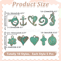 50pcs10スタイルチベットスタイルアロイペンダント  アンティークブロンズ＆グリーングリーン  混合図形  16.5~25.5x12.5~25.5x2~11.5mm  穴：1.6~3.5mm  5個/スタイル&nbsp;TIBEP-HY0001-19