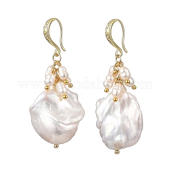ナチュラルケシパールダングルピアス  ステンレススチールのイヤリング金具付き  ナゲット  ゴールドカラー  49~52x19~21mm&nbsp;EJEW-JE06982